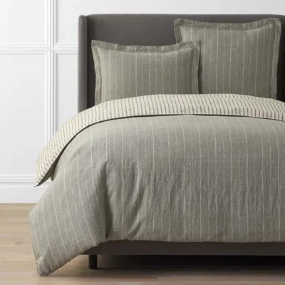 The Company Store Tailored Stripes Premium Breathable Washed Linen Cotton Reversible Duvet Cover In Beige/green