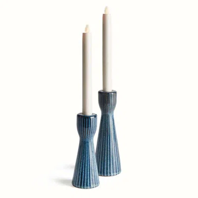 The Company Store Textured Stoneware Taper Candlestick Holder, Set Of 2 In Blue