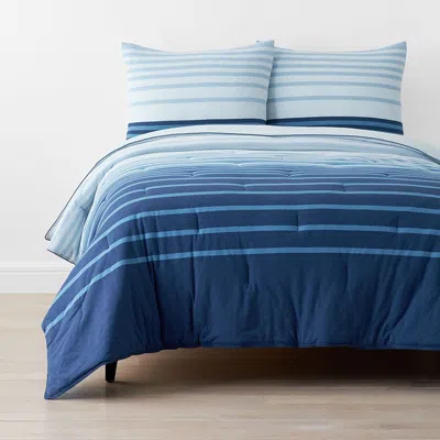 The Company Store T-shirt Soft Jersey Knit Stripe Yarn-dyed Comforter Set In Blue/light Blue