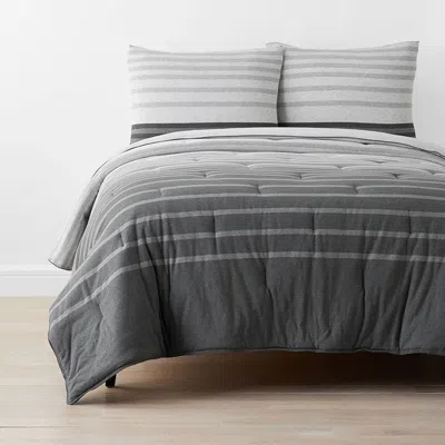 The Company Store T-shirt Soft Jersey Knit Stripe Yarn-dyed Comforter Set In Gray/light Gray