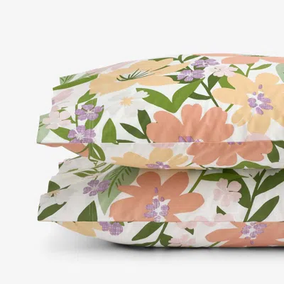 The Company Store Whimsy Garden Classic Cool Cotton Percale Pillowcase Set In Green/orange/coral