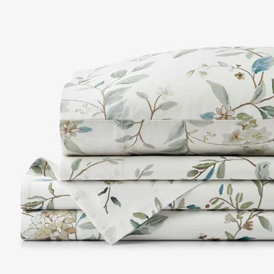 The Company Store Whispering Leaves Premium Smooth Wrinkle-free Sateen Bed Sheet Set In Blue/green/ivory