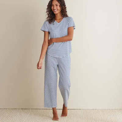 The Company Store Yarn-dyed Stripe Pima Cotton Women's Cropped Pajama Set In Blue