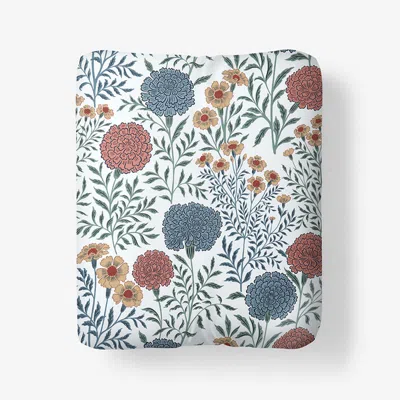 The Company Store Zinnia Floral Classic Smooth Sateen Fitted Bed Sheet In Blue/ivory