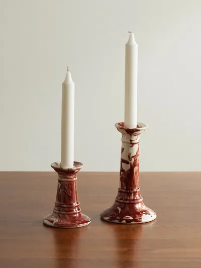 The Conran Shop Wardour Set Of Two Earthenware Candlesticks In Burgundy