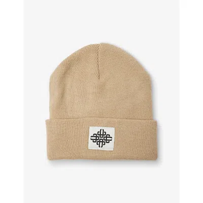 The Couture Club Kids' Emblem-badge Ribbed Knitted Beanie Hat In Beige