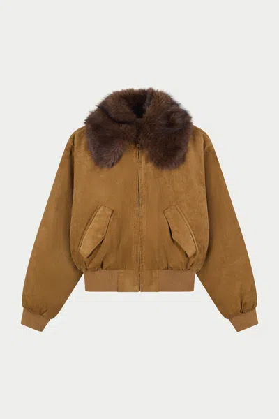 The Couture Club Cord Faux Fur Collar Bomber Jacket - Tan In Brown