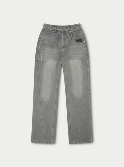 The Couture Club Distressed Double Waistband Jeans - Grey Wash In Gray