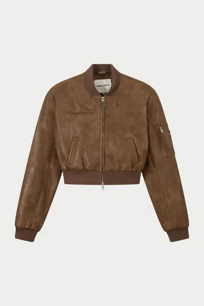 The Couture Club Faux Leather Shoulder Padded Bomber Jacket - Washed Brown