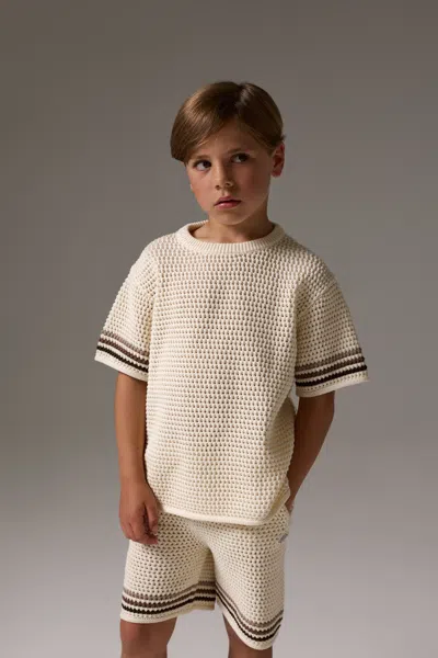 Kids Stripe Crochet Knit T-shirt - Off White In Neutral from The Couture Club