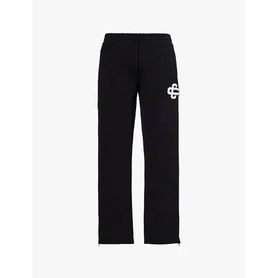 The Couture Club Mens Black Drawstring Waistband Embroidered Branding Straight Leg Relaxed Fit Cotto