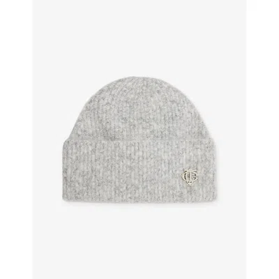 The Couture Club Mens Grey Fluffy Brand Pin-badge Knitted Beanie In Gray
