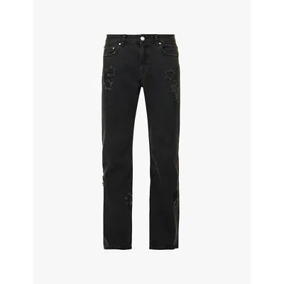 The Couture Club Mens Blackwash Star-appliqué Faded-wash Straight-leg Regular-fit Denim Jeans