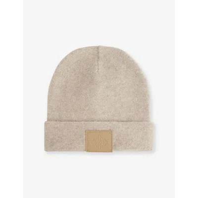 The Couture Club Mens Fluffy Emblem-patch Knitted Beanie Beige