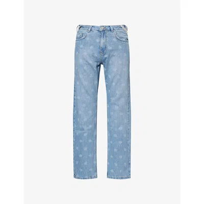 The Couture Club Mens Laser Print Emblem Straight-leg Denim Jeans Bluewash