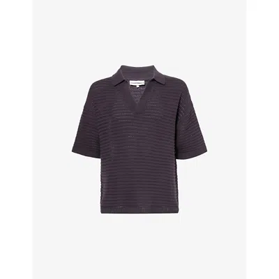 The Couture Club Mens Grey Relaxed-fit Polo-collar Cotton-crochet Shirt In Gray