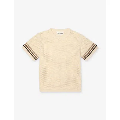 The Couture Club Kids' Offwhite Stripe-trim Crochet-knit T-shirt 1-8 In Neutral