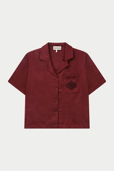 The Couture Club Satin Short Sleeve Emblem Shirt - Burgundy In Red