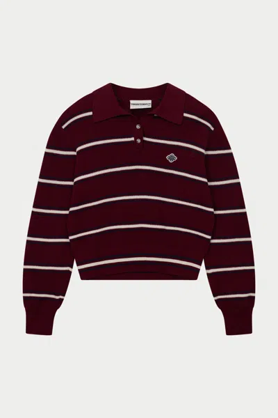 The Couture Club Stripe Knitted Button Through Polo - Burgundy