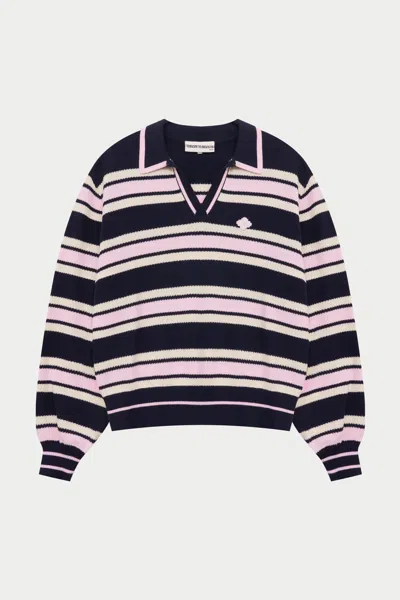 The Couture Club Stripe Knitted Polo Sweatshirt - Navy In Gray