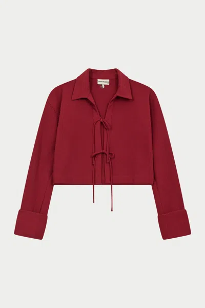 Textured Linen Tie Front Shirt - Burgundy In Red from The Couture Club