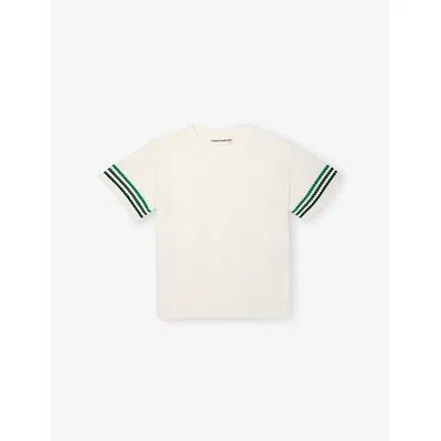 The Couture Club Kids' White Stripe-trim Crochet-knit T-shirt 1-8 In Neutral