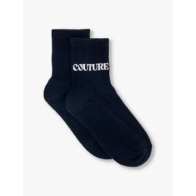 The Couture Club Womens Black Copyright Logo-intarsia Ribbed-cuff Cotton-blend Socks