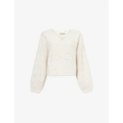 The Couture Club Womens Beige Emblem V-neck Knitted Jumper In Sand