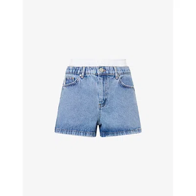 The Couture Club Womens Blue Wash Boxer-waistband Brand-patch Denim Shorts