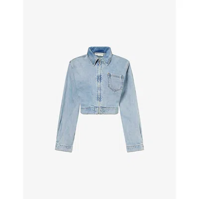The Couture Club Womens Boxy Zip Cotton Denim Jacket Mid Blue Wash