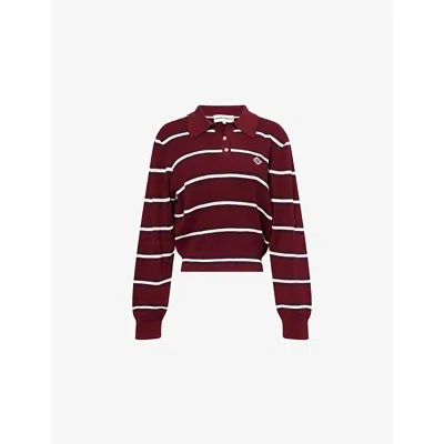 The Couture Club Womens Stripe-print Knitted Cotton Rugby Sweatshirt Burgundy