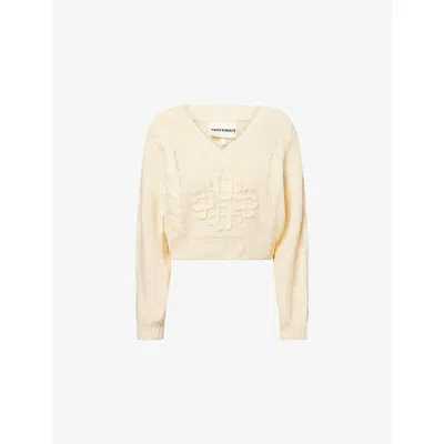 The Couture Club Womens Buttermilk Emblem V-neck Knitted Jumper In Yellow