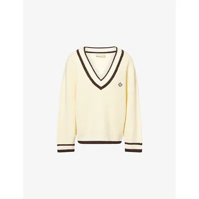 The Couture Club Womens  Stripe V-neck Knitted Cricket Jumper In White