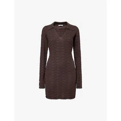 The Couture Club Womens Chocolate Open Collar Crochet Cotton-knit Mini Dress In Brown