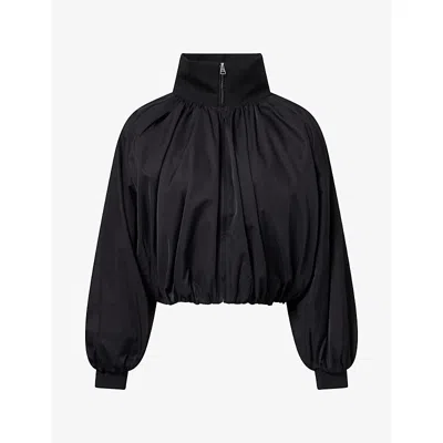 The Couture Club Womens Funnel-neck Ruched-hem Shell Bomber Jacket Black