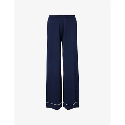 The Couture Club Womens Navy Embroidered-logo Ribbed Knit Trousers In Blue