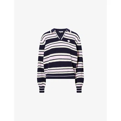 The Couture Club Womens Navy/pink Stripe-print Long-sleeve Knitted Rugby Polo Top