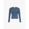 The Couture Club Womens Round-neck Embossed-branding Stretch-woven Top Petrolblue In Petrolblue