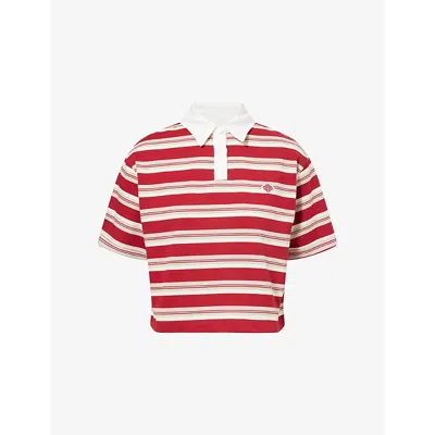 The Couture Club Womens Red/cream Stripe-print Short-sleeve Cotton Rugby Polo Top