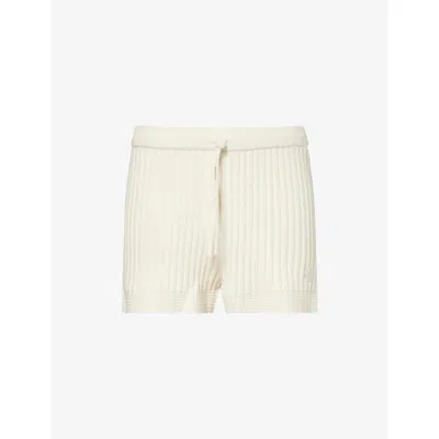 The Couture Club Womens Beige Emblem-appliqué Ribbed Knit Shorts
