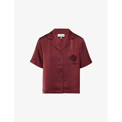 The Couture Club Womens Burgundy Emblem Short-sleeve Satin Shirt