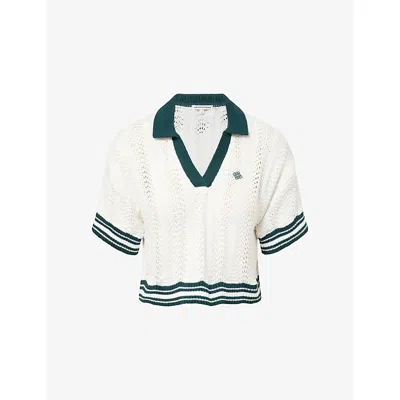 The Couture Club Womens Forestgreen Open-collar Crotchet Cotton Crop Shirt In White