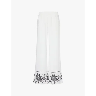 The Couture Club Womens White Palm-embroidered Drawstring-waist Wide-leg Woven Trousers