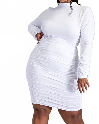 The Curve La Plus Size All Over Shirred Mock Neck Dress In White