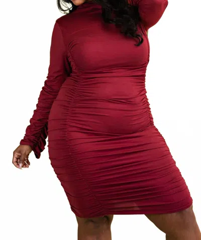 The Curve La Plus Size All Over Shirred Mock Neck Dress In Wine In Pink