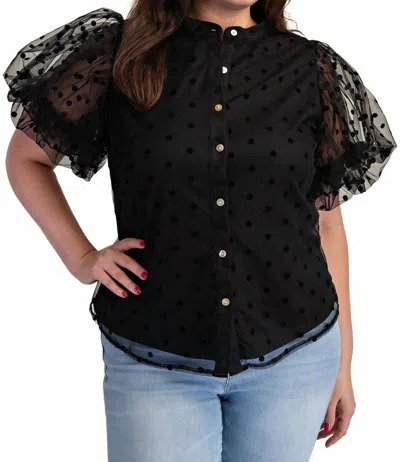 The Curve La Plus Size Dot Mesh Knit Shirt With Puff Sleeve In Black