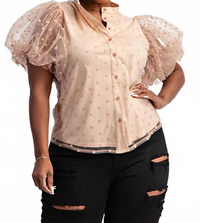The Curve La Plus Size Dot Mesh Knit Shirt With Puff Sleeve In Taupe In Gray