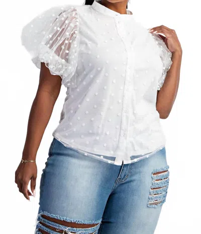 The Curve La Plus Size Dot Mesh Knit Shirt With Puff Sleeve In White In Multi