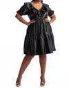 The Curve La Plus Size Faux Leather Tiered Puff Sleeve Short Dress In Black In Black