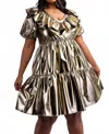 The Curve La Plus Size Faux Leather Tiered Puff Sleeve Short Dress In Gold In Gold